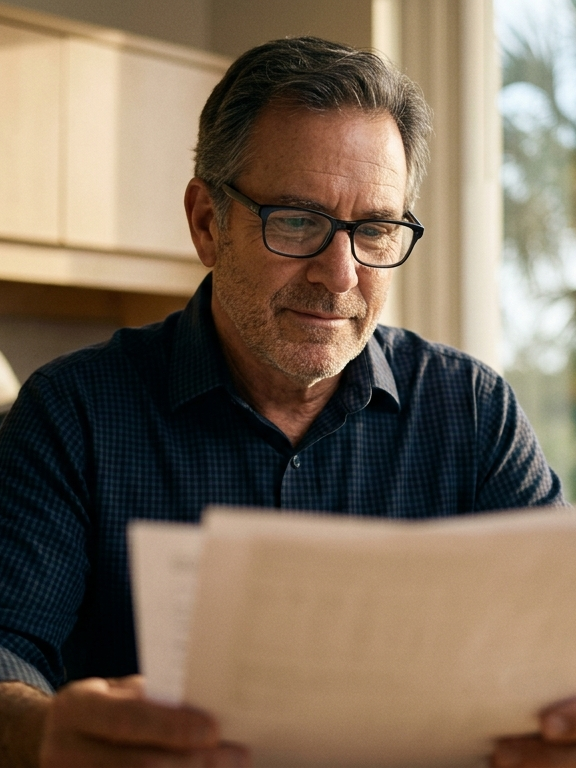 An office manager reviewing paperwork in reading glasses