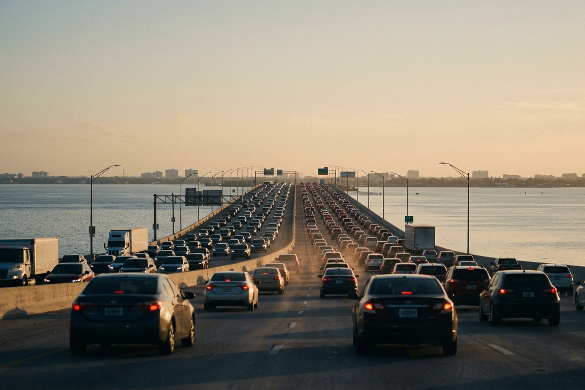 Rush-hour gridlock on a causeway over Tampa Bay